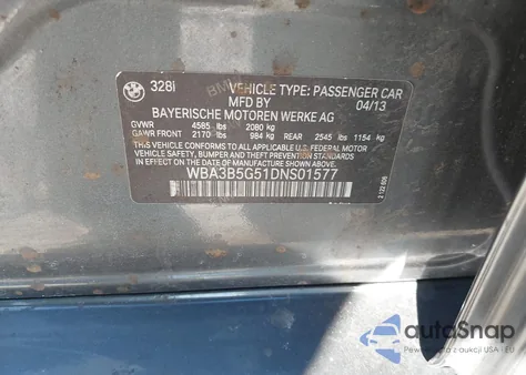 2013 BMW 328I xDrive z USA, uszkodzony, nr VIN WBA3B5G51DNS01577